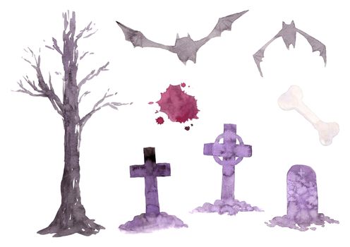 Dead tree, grave, bone, bat, blood, halloween party set illustration on white background. watercolor hand painting, good for holiday design. Clipping path.