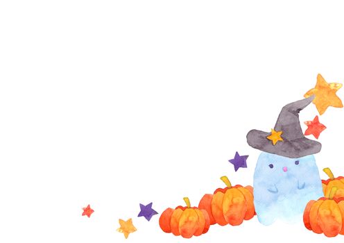 A ghost spirit with witch hat among pumpkins and stars. Happy Halloween background. Funny Cute cartoon baby character. Watercolor hand painting illustration.
