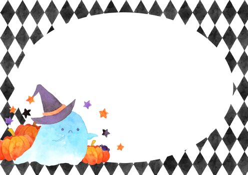 A ghost spirit with witch hat among pumpkins and stars. Happy Halloween background. Funny Cute cartoon baby character. Watercolor hand painting illustration.
