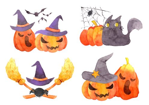 Watercolor Halloween Illustration Set. Funny Cute cartoon character. Design with spider, cobweb, magic hat, pumpkin, bat, cat, broom. Good for holiday design. clipping path.