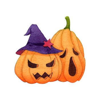 Ghost pumpkin with witch hat on white background. Watercolor hand painting illustration. Design for halloween event. Clipping path.