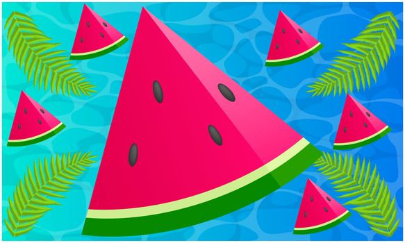 sliced watermelon with leaves on abstract water backgrounds