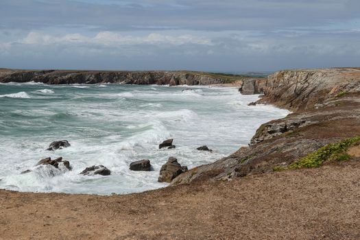 Cote Sauvage - strong waves of Atlantic ocean on Wild Coast of the peninsula of Quiberon, Brittany, France