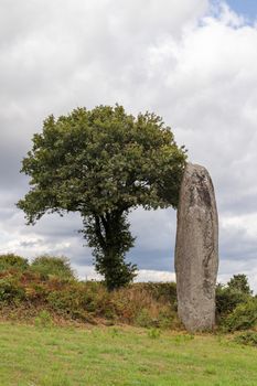 Menhir of Kergornec - megalithic monument near Saint-Gilles-Pligeaux village, department Cotes-d'Armor, Brittany, France