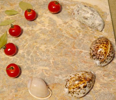 vegetables, seashells, egg on a marble surface: cherry tomatoes, bay leaves, oyster, seashells, chicken egg