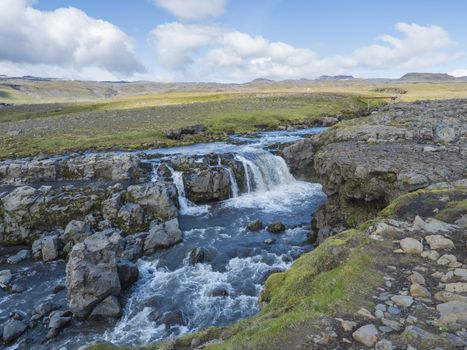 Beautifull waterfall on the Skoga River with no people on famous Fimmvorduhals trail second part of Laugavegur trek. Summer landscape on a sunny day. Amazing in nature. August 2019, South Iceland.