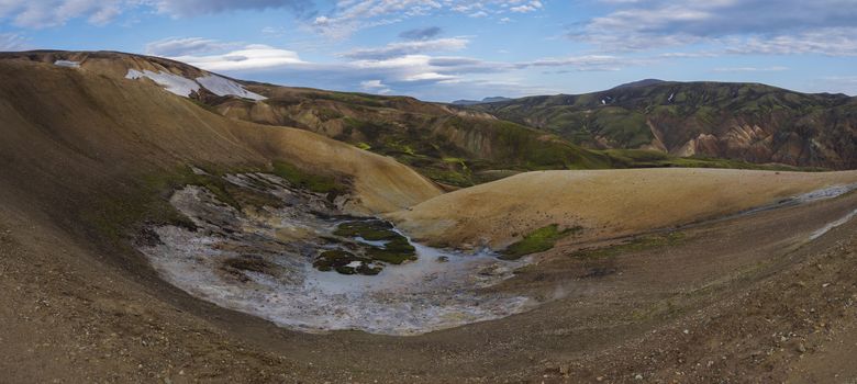 Beautiful scenic panorama of colorful volcanic mountains in Landmannalaugar area of Fjallabak Nature Reserve in Highlands region of Iceland.