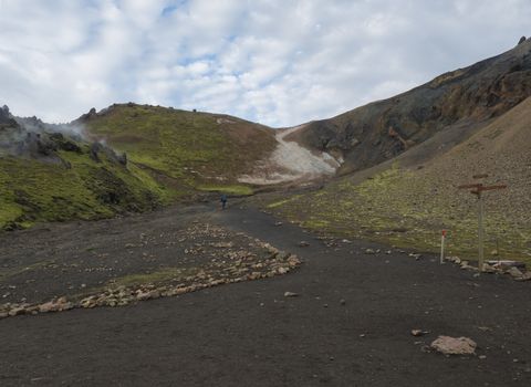 Hiker with blue backpack and tourist signpost at Laugavegur trek in Colorful Rhyolit rainbow mountain with multicolored volcanos and geothermal fumarole. Landmannalaugar at Fjallabak Nature Reserve, Highlands Iceland.