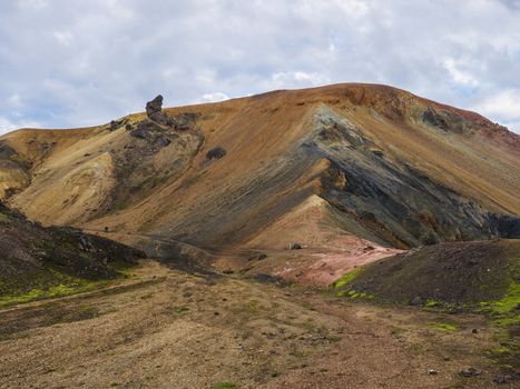 Colorful Brennisteinsalda mountain is one of the most beautiful and multicolored volcanos in Landmannalaugar area of Fjallabak Nature Reserve in Highlands region of Iceland.