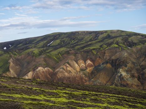 Colorful Rhyolit mountain panorma with multicolored volcanos in Landmannalaugar area of Fjallabak Nature Reserve in Highlands region of Iceland.