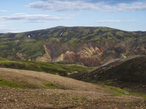 Colorful Rhyolit mountain panorma with multicolored volcanos in Landmannalaugar area of Fjallabak Nature Reserve in Highlands region of Iceland.