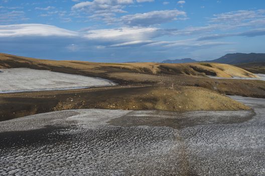 Colorful Rhyolit mountain panorma with snow fiields and multicolored volcanos in Landmannalaugar area of Fjallabak Nature Reserve in Highlands region of Iceland.