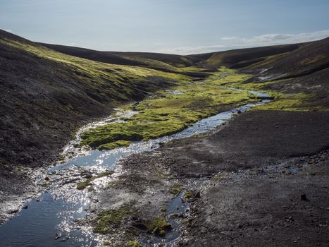 Small stream from melting ice with Lush vivid green wet moss in black lava hills in Landmannalaugar mountain. Fjallabak Nature Reserve in Highlands of Iceland, summer blue sky