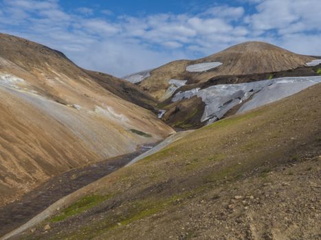Orange Rhyolit mountains with snow fiields and spring from melted snow. Multicolored volcanos in Landmannalaugar area of Fjallabak Nature Reserve in Highlands region of Iceland.
