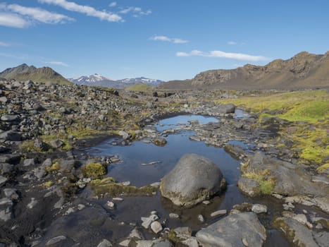 Icelandic volcanic landscape with small blue pond, wild pink flowers,green hills and mountains. Fjallabak Nature Reserve, Iceland. Summer blue sky.