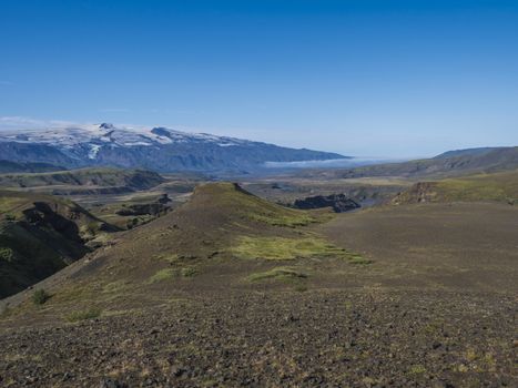 Icelandic landscape with blue Markarfljot river canyon, green hills and eyjafjallajokull volcano glacier. Laugavegur hiking trail. Fjallabak Nature Reserve, Iceland. Summer blue sky.