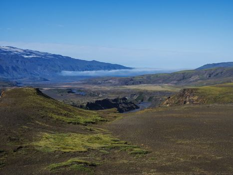 Icelandic landscape with blue Markarfljot river canyon, green hills and eyjafjallajokull volcano glacier. Laugavegur hiking trail. Fjallabak Nature Reserve, Iceland. Summer blue sky.
