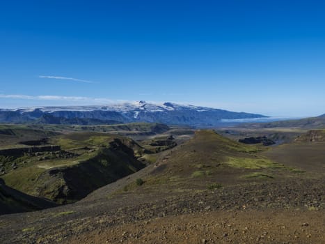 Icelandic landscape with blue Markarfljot river canyon, green hills and eyjafjallajokull volcano glacier. Laugavegur hiking trail. Fjallabak Nature Reserve, Iceland. Summer blue sky.