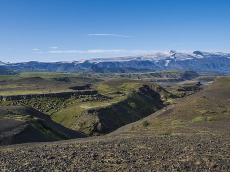 Icelandic landscape with blue Markarfljot river canyon, green hills and eyjafjallajokull volcano glacier. Laugavegur hiking trail. Fjallabak Nature Reserve, Iceland. Summer blue sky.