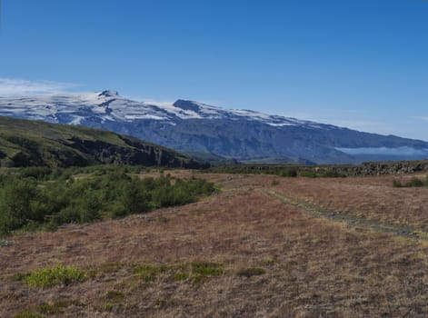 Icelandic landscape with red grass, birch bush, green hills and eyjafjallajokull volcano glacier. Laugavegur hiking trail. Fjallabak Nature Reserve, Iceland. Summer blue sky.