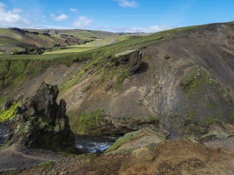 Beautiful lush green Landscape of Skoga river valley cascades near Skogafoss waterfall and Skogar end of Fimmvorduhals hiking trail. South Iceland, Summer blue sky.