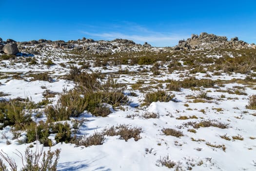 Winter landscape with snow in mountains of Serra do Xures natural park, Galicia, Spain