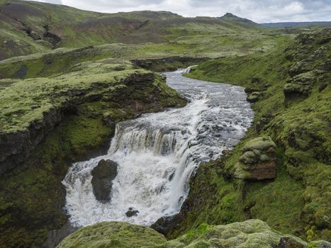 Beautifull waterfall on the Skoga River with rainbow and no people on famous Fimmvorduhals trail second part of Laugavegur trek. Summer landscape on a sunny day. Amazing in nature. August 2019, South Iceland.