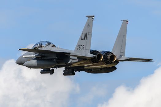 United States Air Force F-15E strike eagle jet aircraft at RAF Lakenheath in England
