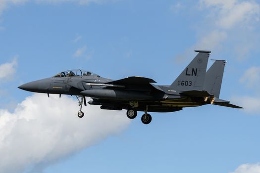 F-15 Eagle Jet on final approach to land at RAF Lakenheath