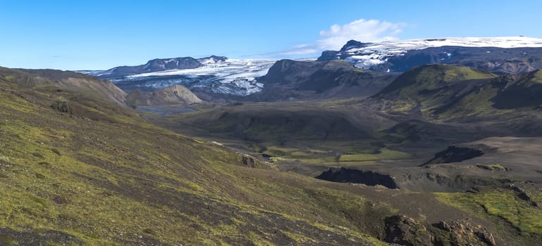 Panoramic landscape with blue Markarfljot river canyon, green hills and eyjafjallajokull volcano glacier. Laugavegur hiking trail. Fjallabak Nature Reserve, Iceland. Summer blue sky.