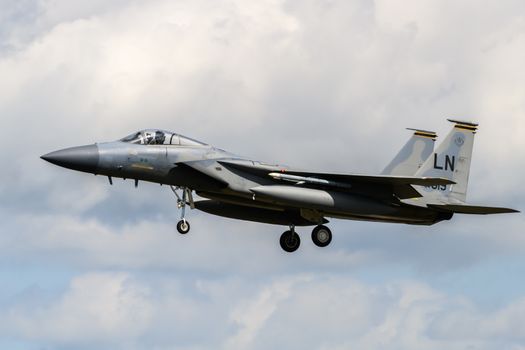 F-15 Eagle Jet on final approach to land at RAF Lakenheath