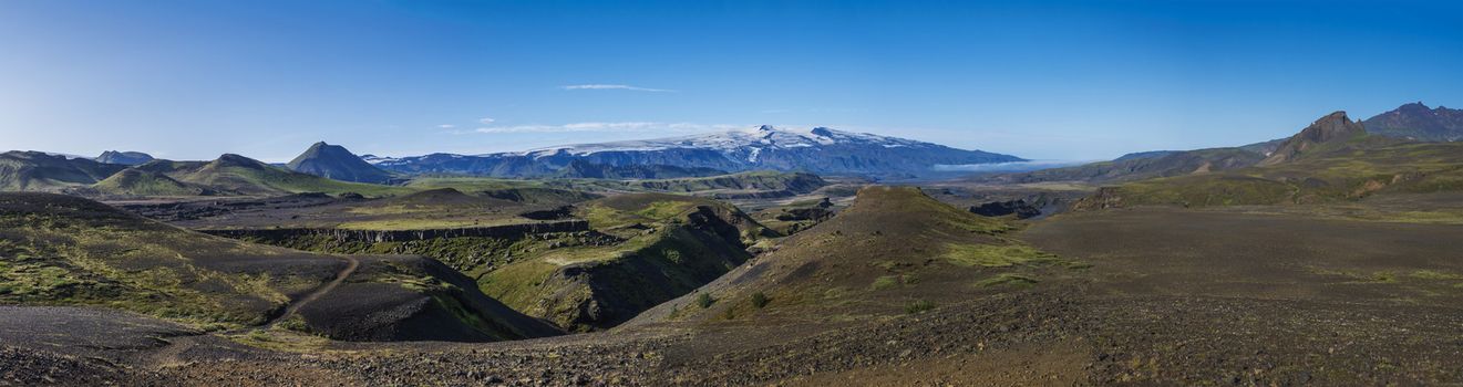 Panoramic view on majestic Markarfljotsgljufur Canyon gorge, Markarfljot river and Eyjafjallajokull glacier volcano and green hills. Fjallabak Nature Reserve, Iceland. Summer blue sky, clouds
