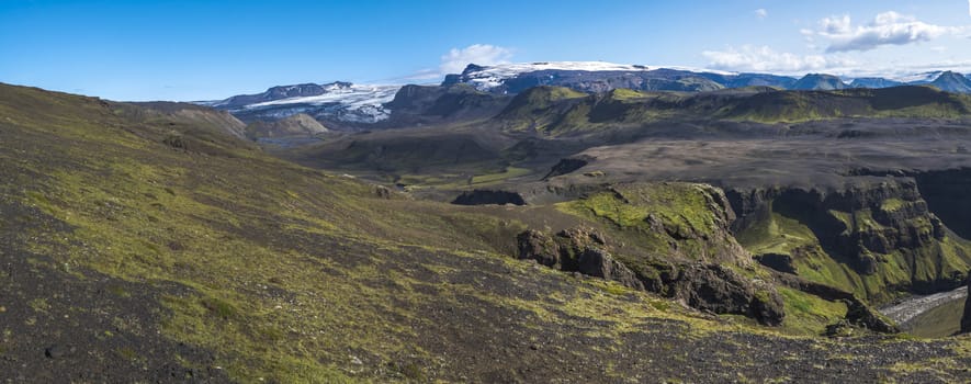 Panoramic landscape with blue Markarfljot river canyon, green hills and eyjafjallajokull volcano glacier. Laugavegur hiking trail. Fjallabak Nature Reserve, Iceland. Summer blue sky.