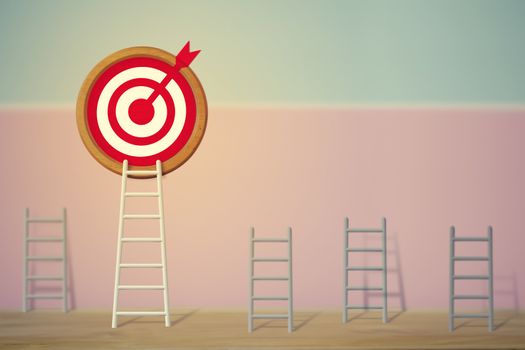 Goals concept: Longest white ladder and aiming high to goal target among other short ladders, depicts excellent performance and stands out from the crowd and thinks differently.