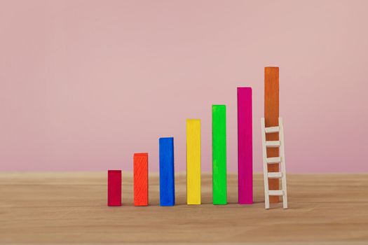 Arrange rising bar graph with stair. Concept of analysing information / Business concept growth success process : depicts the increment in annual financial budget or revenues of long term growth.