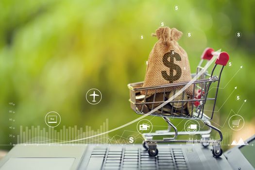 Shopping cart - trolley and coins, US dollar bags on notebook keyboard with graph growth business investment. Expense, shopping and financial and banking concept.
