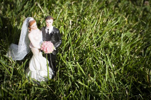 Standard figure of wedding couple on natural grass in the field. Out door