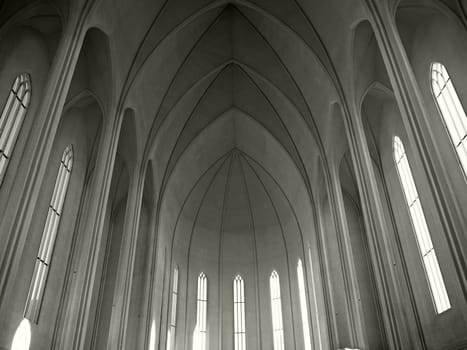 Detail of Interior of Hallgrimskirkja Cathedral, the Lutheran- Iceland famous church with high white pillars