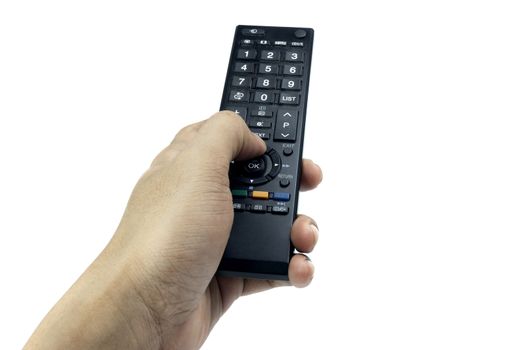 Hand holding television remote control isolated on white background