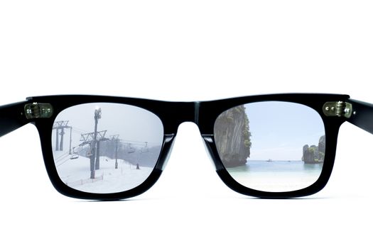 Glasses isolated on a white background, Alternative concepts Traveling to the sea or snow,  weather cold or weather hot