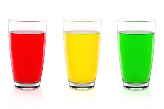 Glass with red, yellow and green water isolated on white background with clipping path
