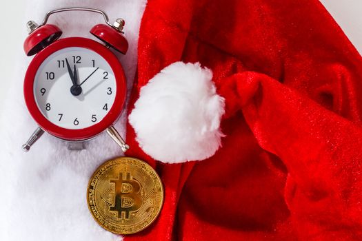 Bitcoin and new year. Crypto currency bitcoin on a Christmas background. problems and business growth. New Year's warm tinting.