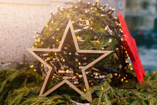 Christmas decoration. Christmas star on rustic dark wooden background