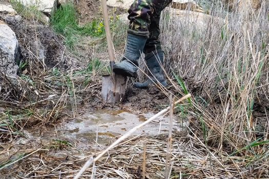 A man in rubber boots digs a shovel pit in a swamp. Finding water.