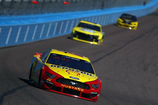 Joey Logano (22) practices for the FanShield 500 at Phoenix Raceway in Avondale, Arizona.