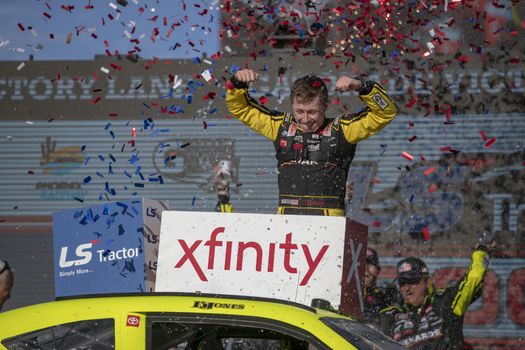 Brandon Jones (19) wins the LS Tractor 200 at Phoenix Raceway in Avondale, Arizona.