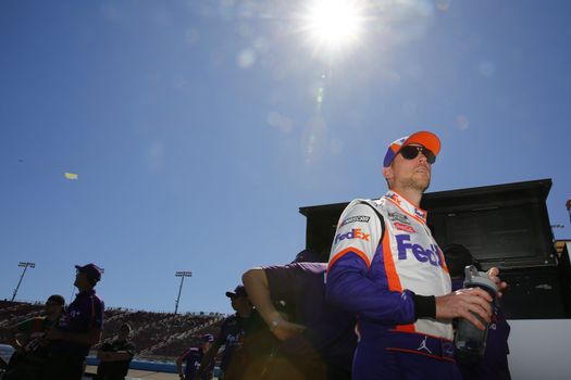 Denny Hamlin (11) gets ready to qualify for the FanShield 500 at Phoenix Raceway in Avondale, Arizona.