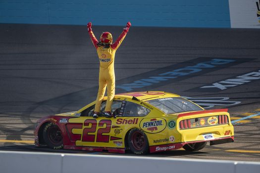 Joey Logano (22) wins the FanShield 500 at Phoenix Raceway in Avondale, Arizona.