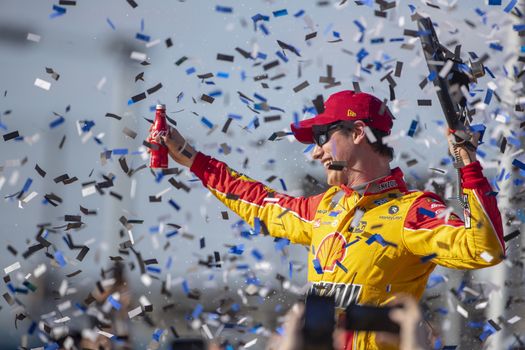 Joey Logano (22) wins the FanShield 500 at Phoenix Raceway in Avondale, Arizona.