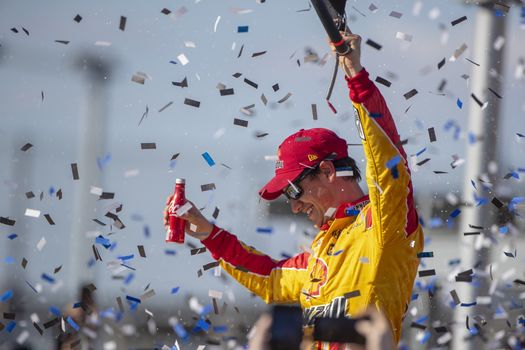 Joey Logano (22) wins the FanShield 500 at Phoenix Raceway in Avondale, Arizona.